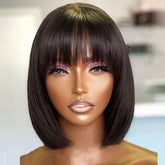 Black Silk Top Lace Straight Full Fringe Glueless Human Hair Bob Wig
